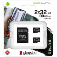 Карта памяти MicroSDHC 2х32GB UHS-I Class 10 Kingston Canvas Select Plus R100MB/s + Adapter SD