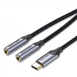 Кабель Audio Type-C-3.5мм Vention F/2xM Cotton gold-plated 0.3m Black (BGNHY)