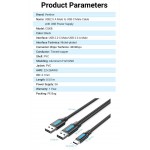 Кабель 2in1 USB-Type-C 2.0 Vention M/2xM PVC Round nickel-plated 3A 480Mbps 1m Black (CQKBF)