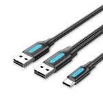 Кабель 2in1 USB-Type-C 2.0 Vention M/2xM PVC Round nickel-plated 3A 480Mbps 1m Black (CQKBF)