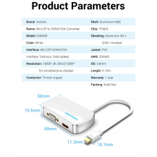 Адаптер 2 In 1 MiniDisplayPort-HDMI-VGA Vention M/2xF 4k 30Hz gold-plated 0.15m White (HBBWB)