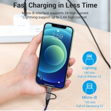 Кабель 2 в 1 USB-MicroUSB-Lightning Vention TPE Nylon MFi C89 2.4А 480Mbps nickel-plated 0.5m Black