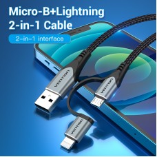 Кабель 2 в 1 USB-MicroUSB-Lightning Vention TPE Nylon MFi C89 2.4А 480Mbps nickel-plated 1m Black (C