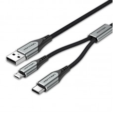 Кабель 2 в 1 USB-MicroUSB-Type-C Vention Nylon 2.4А 480Mbps nickel-plated 0.5m Grey (CQGHD)