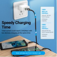 Кабель 2 в 1 USB-MicroUSB-Type-C Vention Nylon 2.4А 480Mbps nickel-plated 1m Grey (CQGHF)