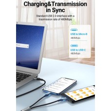 Кабель 2 в 1 USB-MicroUSB-Type-C Vention Nylon 2.4А 480Mbps nickel-plated 1m Grey (CQGHF)