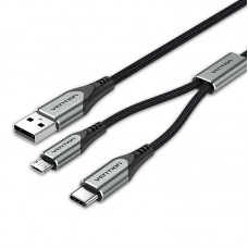Кабель 2 в 1 USB-MicroUSB-Type-C Vention Nylon 2.4А 480Mbps nickel-plated 1m Grey (CQGHF)
