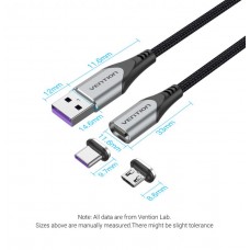 Кабель 2 в 1 USB-MicroUSB-Type-C Vention Nylon Magnetic 3А 480Mbps nickel-plated 0.5m Grey (CQNHD)