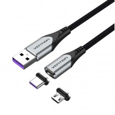 Кабель 2 в 1 USB-MicroUSB-Type-C Vention Nylon Magnetic 3А 480Mbps nickel-plated 1.5m Grey (CQNHG)