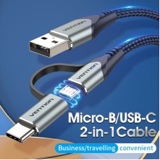 Кабель 2 в 1 USB-MicroUSB-Type-C Vention TPE Nylon 3А 480Mbps nickel-plated 0.5m Black (CQEHD)