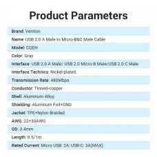 Кабель 2 в 1 USB-MicroUSB-Type-C Vention TPE Nylon 3А 480Mbps nickel-plated 0.5m Black (CQEHD)