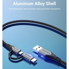 Кабель 2 в 1 USB-MicroUSB-Type-C Vention TPE Nylon 3А 480Mbps nickel-plated 1m Black (CQEHF)