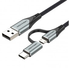 Кабель 2 в 1 USB-MicroUSB-Type-C Vention TPE Nylon 3А 480Mbps nickel-plated 1m Black (CQEHF)