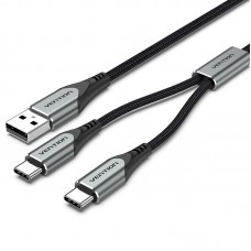 Кабель 2 в 1 USB-Type-C Vention Nylon 2.4А 480Mbps nickel-plated 0.5m Grey (CQOHD)