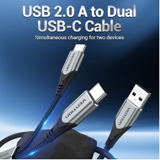 Кабель 2 в 1 USB-Type-C Vention Nylon 2.4А 480Mbps nickel-plated 1m Grey (CQOHF)