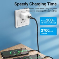 Кабель 2 в 1 USB-Type-C Vention Nylon 2.4А 480Mbps nickel-plated 1m Grey (CQOHF)