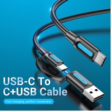 Кабель 2 в 1 USB-Type-C Vention PVC PD 60W 3A 480Mbps nickel-plated 1m Black (CQLBF)