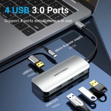 USB HUB 5 в 1 Vention Type-C-USB-MicroUSB 4USB 3.0 2A 5Gbps 0.15m Grey (TNAHB)