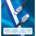 Кабель Type-C-Type-C 3.1 Gen2 Vention TPE Nylon Thunderbolt 3 4K 60Hz PD 100W 5A 10Gbps nickel-plated 1m Grey (TAHHF)