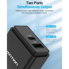 Сетевое зарядное устройство 1USB 1Type-C Vention PD 38W QC3.0 3.4A Black (QC67-EU-B)