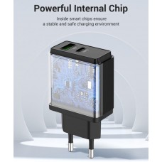 Сетевое зарядное устройство 1USB 1Type-C Vention PD 38W QC3.0 3.4A Black (QC67-EU-B)