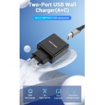 Сетевое зарядное устройство 1USB 1Type-C Vention PD 38W QC3.0 3.4A Black (QC67-EU-B)