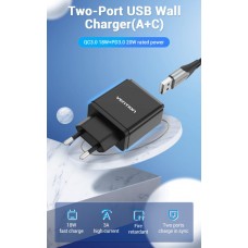 Сетевое зарядное устройство 1USB 1Type-C Vention PD 38W QC3.0 3.4A Black (QC67-EU-B)