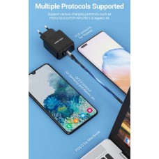 Сетевое зарядное устройство 1USB 1Type-C Vention PD 38W QC3.0 3.4A Black (QC67-EU-B)