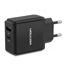 Сетевое зарядное устройство 1USB 1Type-C Vention PD 38W QC3.0 3.4A Black (QC67-EU-B)