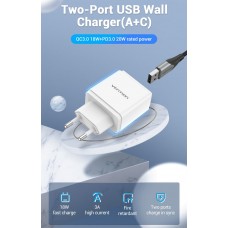 Адаптер сетевой 1USB 1Type-C Vention PD 38W QC3.0 3.4A White (QC67-EU-W)