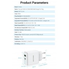 Адаптер сетевой 1USB 1Type-C Vention PD 38W QC3.0 3.4A White (QC67-EU-W)