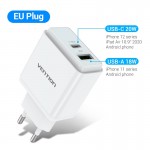 Сетевое зарядное устройство 1USB 1Type-C Vention PD 38W QC3.0 3.4A White (QC67-EU-W)