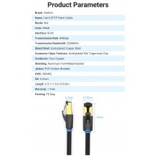 Патч-корд RJ45-RJ45 Vention LAN CAT8 SFTP 40Gbps 2000MHz Copper Cotton Braided Round 0.5m Black (IKGBD)