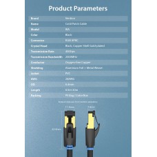 Патч-корд RJ45-RJ45 Vention LAN CAT8 SFTP 40Gbps 2000MHz Copper PVC Round 10m Black (IKABL)