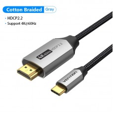 Кабель Type-C-HDMI 2.0 4K 60Hz HDCP 2.2 Thunderbolt 3 Vention Cotton Braided 1.5m Grey (CRBBG)
