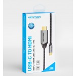 Кабель Type-C-HDMI 2.0 4K 60Hz HDCP 2.2 Thunderbolt 3 Vention Cotton Braided 2m Grey (CRBBH)