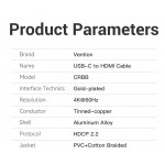 Кабель Type-C-HDMI 2.0 4K 60Hz HDCP 2.2 Thunderbolt 3 Vention Cotton Braided 2m Grey (CRBBH)
