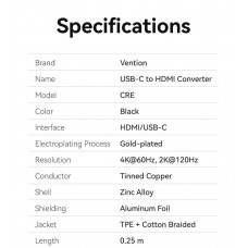 Кабель Type-C-HDMI 2.0 Vention Thunderbolt 3/4 4K 60Hz 2K 120Hz Cotton Braided 0.25m Grey (CREBC)