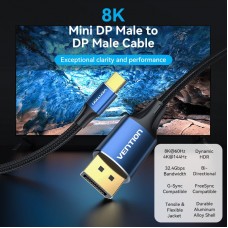 Кабель miniDisplayPort-DisplayPort 1.4 Vention 8K 60Hz 4K 144Hz 2K 165Hz 1080P 240Hz 1.5m Cotton Braided Aluminum Alloy Blue (HCFLG)