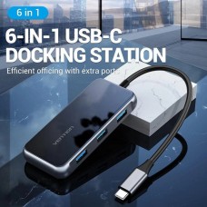 USB HUB Vention 6 в 1 Type-C-HDMI-RJ45-USB-PD 3USB 3.0 1Type-C 87W 4K 30Hz 0.15m Black (TFFHB)