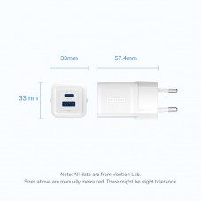 Адаптер сетевой 1USB 1Type-C Vention (C+A) GaN III PD 30W QC3.0 3A White (FEQW0-EU)