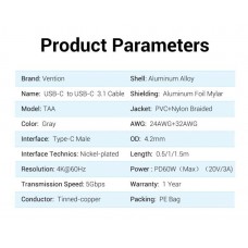 Кабель Type-C-Type-C 3.1 Vention TPE Nylon Thunderbolt 3 4K 60Hz PD 60W 3A 5Gbps nickel-plated 2m Grey (TAAHH)
