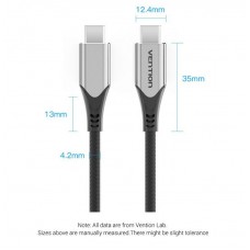 Кабель Type-C-Type-C 3.1 Vention TPE Nylon Thunderbolt 3 4K 60Hz PD 60W 3A 5Gbps nickel-plated 2m Grey (TAAHH)