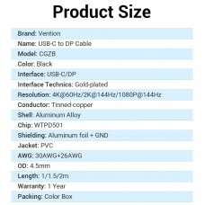 Кабель Vention Type-C-DisplayPort v1.2 4K 60Hz 2K 144Hz 2m Aluminum Alloy Black (CGZBH)