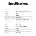 Кабель Vention Type-C-HDMI v2.1 8K 60Hz 4K/2K 240Hz Thunderbolt 3/4 HDCP2.3 VRR HDR 2m Black (CRCBH)