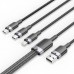 Кабель 3 в 1 USB-MicroUSB-Type-C-Lightning Vention PVC Cotton Braided PD 60W 3А 480Mbps 1.5m Black (CTPBG)
