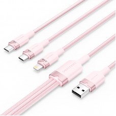 Кабель 3 в 1 USB-MicroUSB-Type-C-Lightning Vention PVC Cotton Braided PD 60W 3А 480Mbps 1.5m Pink (CTPPG)