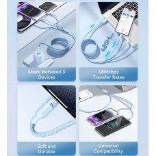 Кабель 3 в 1 USB-MicroUSB-Type-C-Lightning Vention PVC Cotton Braided PD 60W 3А 480Mbps 1.5m White (CTPWG)
