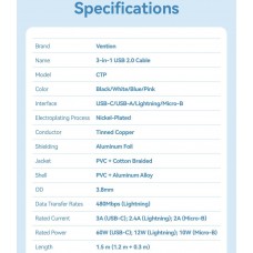 Кабель 3 в 1 USB-MicroUSB-Type-C-Lightning Vention PVC Cotton Braided PD 60W 3А 480Mbps 1.5m White (CTPWG)