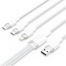 Кабель 3 в 1 USB-MicroUSB-Type-C-Lightning Vention PVC Cotton Braided PD 60W 3А 480Mbps 1.5m White (CTPWG)